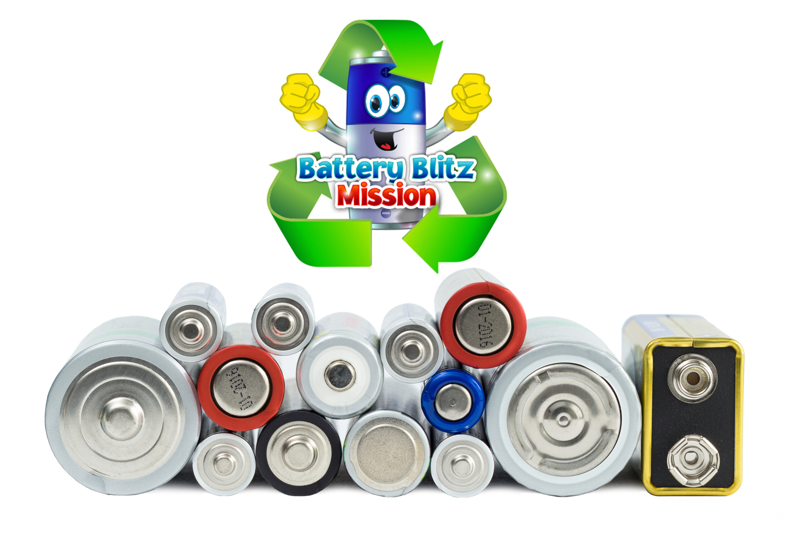 Logo « Battery Blitz » au-dessus des piles et batteries