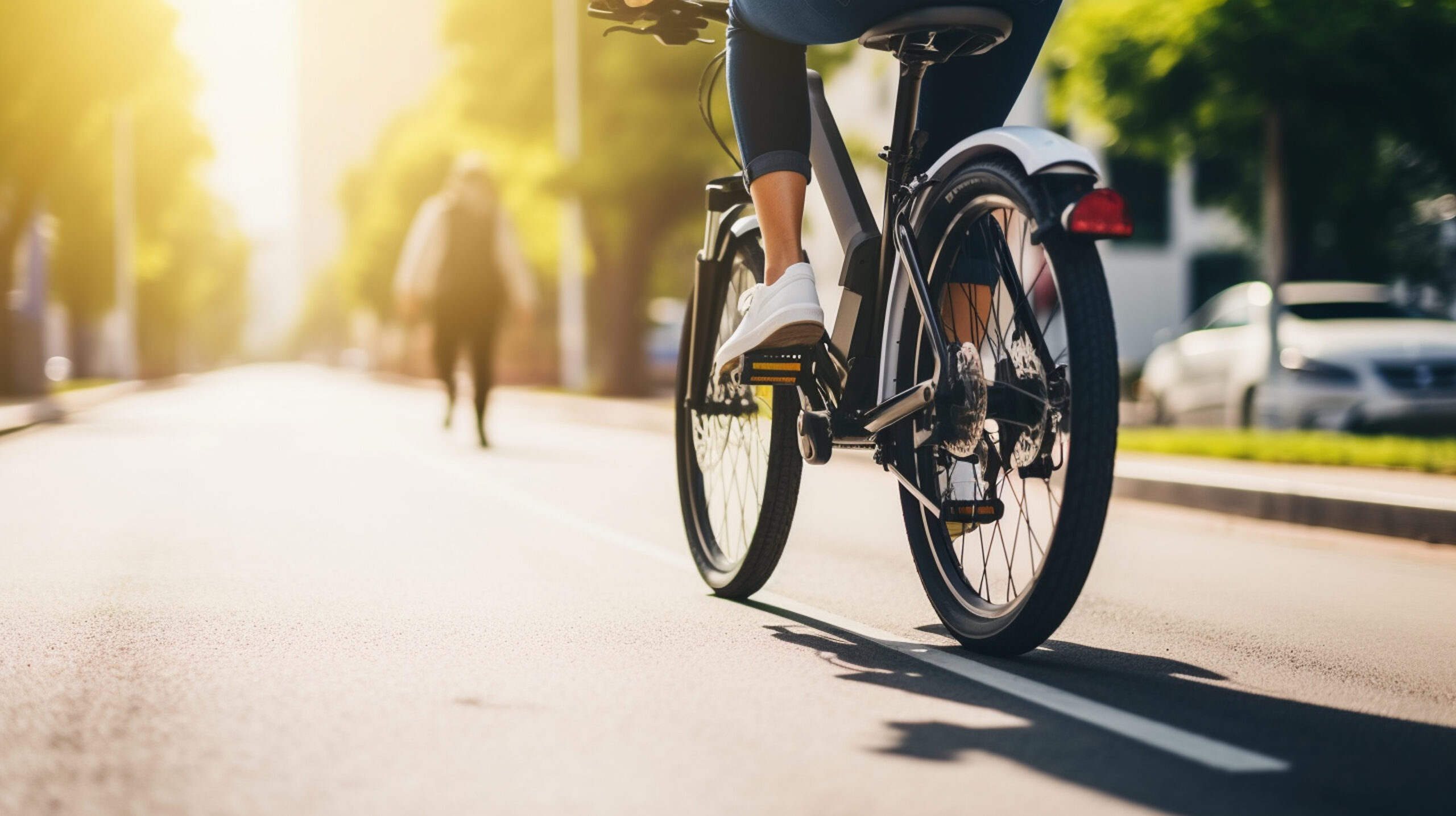 Une personne sur un vélo électrique élégant filant le long d’une piste cyclable