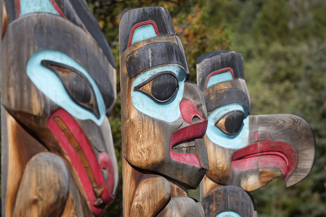 Canada ,Yukon ,Teslin Village First Nations totem pole display. Tlingit tribe.